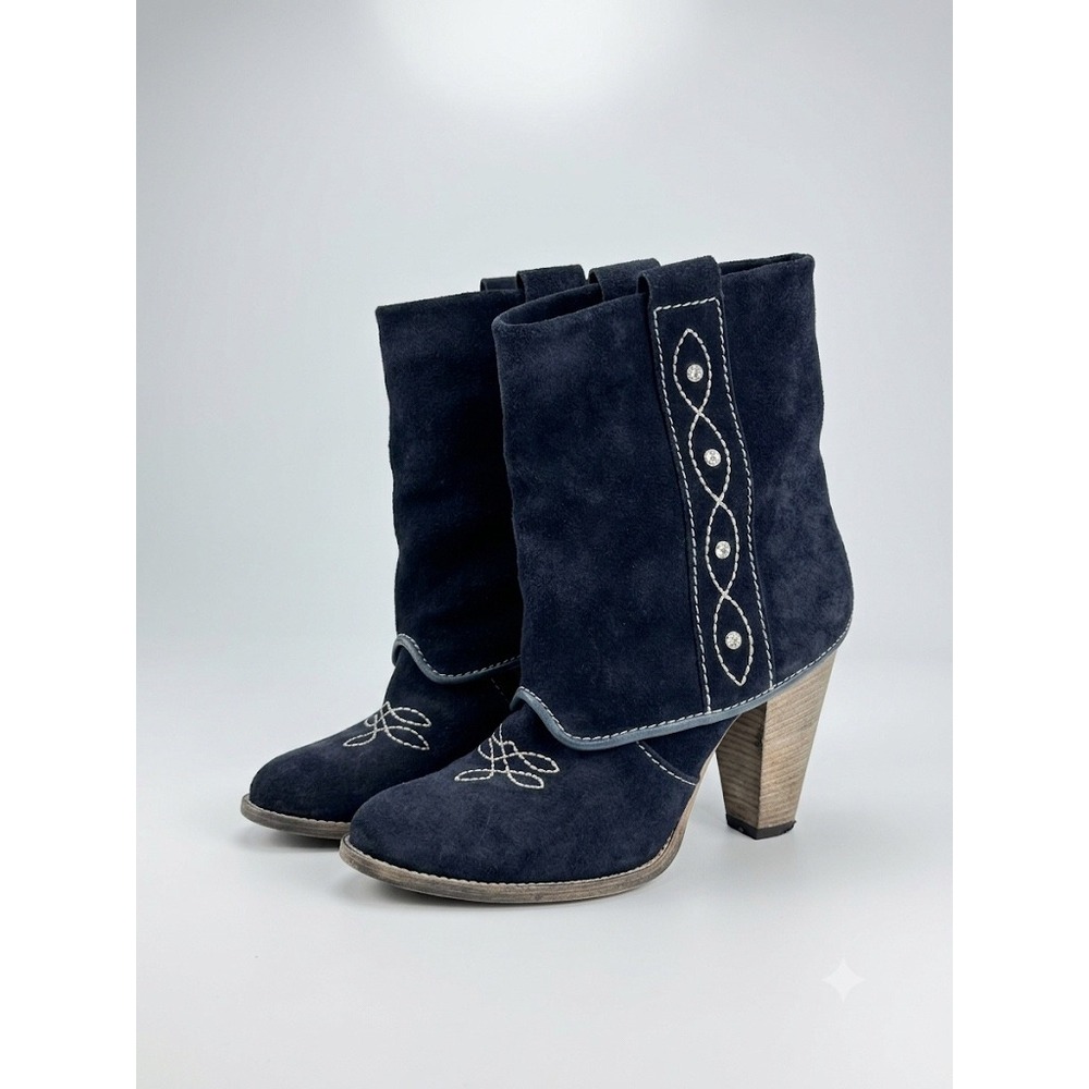 Vera Gomma Western Boots Navy Blue Suede Rhinestone Italy 40 8.5 9 US Cowgirl